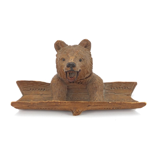 11 - Black forest carved bear inkwell and with tray, 20cm wide