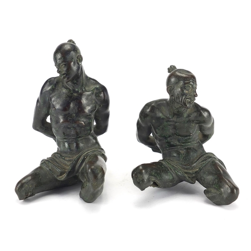 6 - Pair of patinated bronze studies of Chinese slaves, the largest 15.5cm high