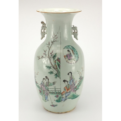 263 - Chinese porcelain vase with twin handles, hand painted in the famille rose palette with figures, scr... 