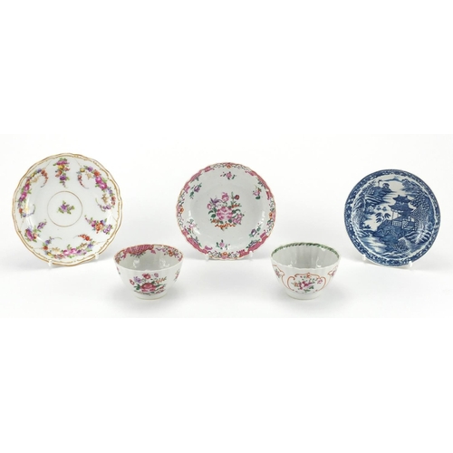 463 - 19th century porcelain tea bowls and saucers including a Newhall example, and a Dresden saucer, the ... 