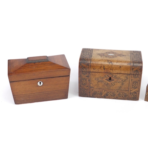 21 - Four Victorian wooden boxes including a rectangular Tunbridge ware example, the hinged lid with flor... 