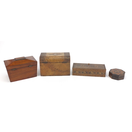 21 - Four Victorian wooden boxes including a rectangular Tunbridge ware example, the hinged lid with flor... 