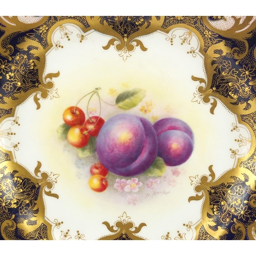 455 - Royal Worcester porcelain cabinet plate hand painted with a panel of fruit within a gilt foliate boa... 