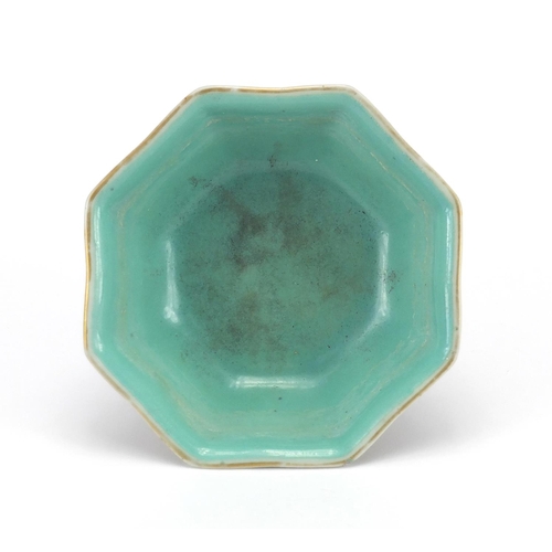 233 - Chinese octagonal porcelain bowl with turquoise interior, hand painted in the famille rose palette w... 