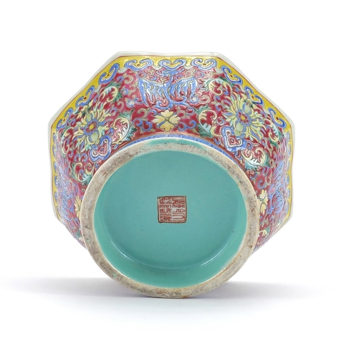 233 - Chinese octagonal porcelain bowl with turquoise interior, hand painted in the famille rose palette w... 