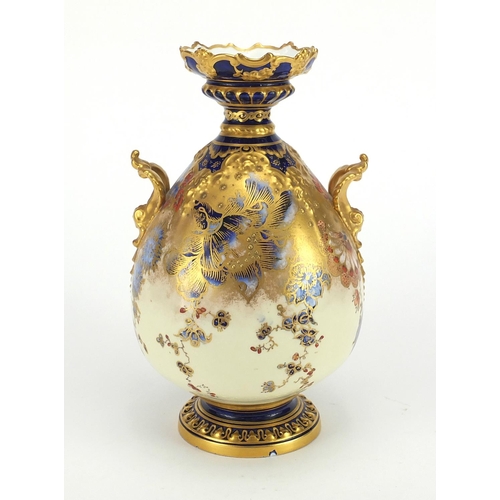 451 - Royal Crown Derby vase with twin handles, hand painted and gilded with flowers, factory marks and nu... 