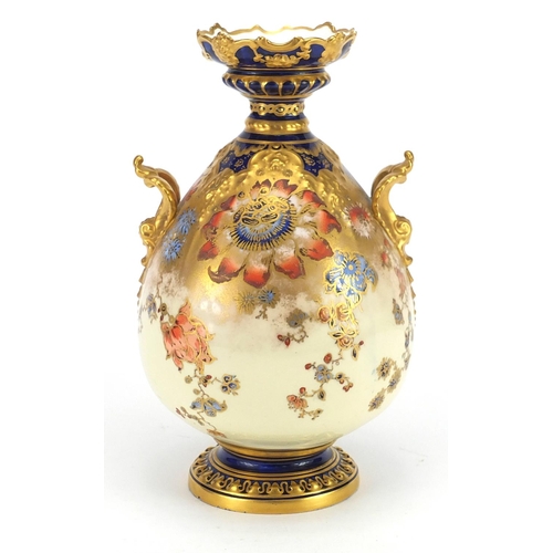 451 - Royal Crown Derby vase with twin handles, hand painted and gilded with flowers, factory marks and nu... 