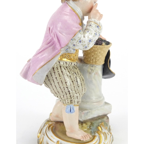 428 - 19th century hand painted Meissen porcelain figure of a young boy holding his hat bedside a pillar w... 