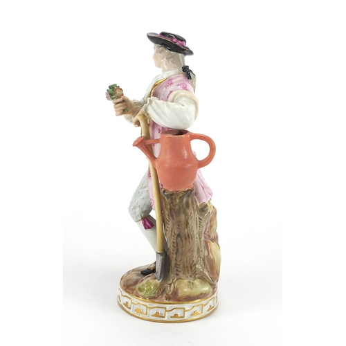 430 - 19th century hand painted Meissen porcelain figure of a gardener holding a bunch of flowers leaning ... 