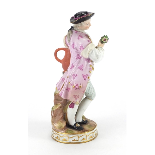 430 - 19th century hand painted Meissen porcelain figure of a gardener holding a bunch of flowers leaning ... 