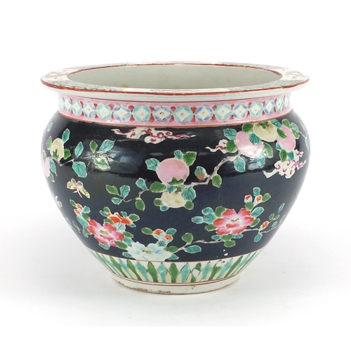 257 - Chinese porcelain jardinière, hand painted in the famille noir palette with flowers and fruit, 19cm ... 