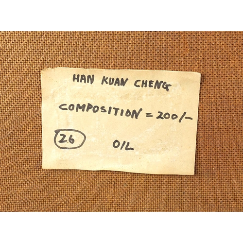 755 - Han Kuan Cheng - Abstract composition, heavy impasto, label and inscribed verso, framed, 88cm x 61cm