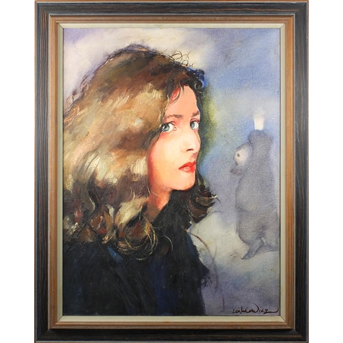 740 - Portrait of a girl, oil onto canvas, bearing a signature Lenkiewicz and label printed Robert O Lenki... 