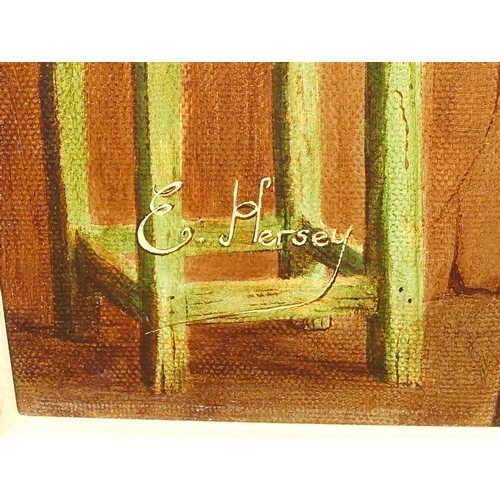 749 - Artists Studio, oil onto canvas, bearing a signature Edward Hersey, framed, 60cm x 45cm
