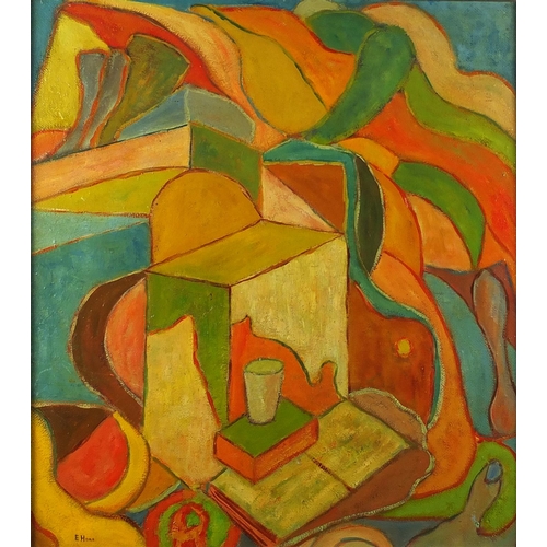 763 - Abstract composition, still life, bearing a signature E Hone, oil onto board, framed, 53cm x 47cm