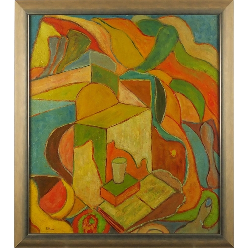 763 - Abstract composition, still life, bearing a signature E Hone, oil onto board, framed, 53cm x 47cm