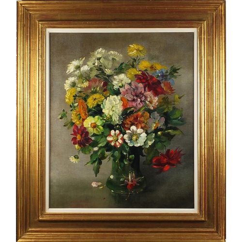 736 - Still life, flowers in a vase, oil onto canvas, bearing a signature Cecil Kennedy, mounted and frame... 