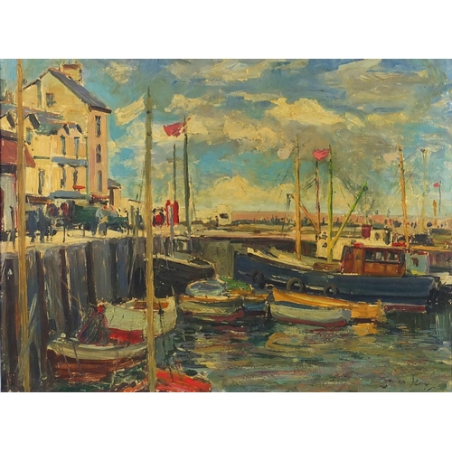 769 - Scottish Harbour, oil onto canvas, bearing a signature James Kay, label verso, mounted and framed, 3... 