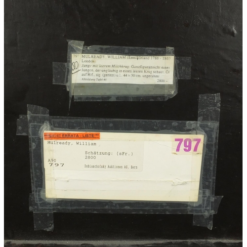 766 - William Mulready - Assessment, oil onto wood panel, labels verso, framed, 43cm x 29cm