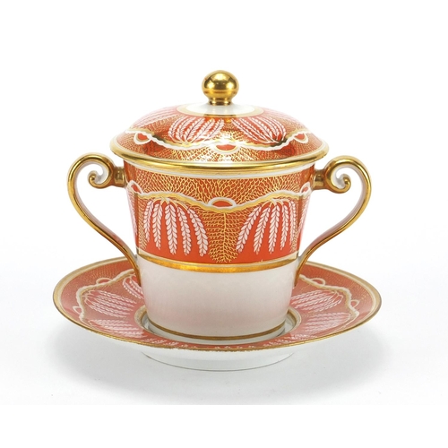 442 - 19th century rare pattern Spode porcelain chocolate pot, cover and saucer hand painted and gilded wi... 