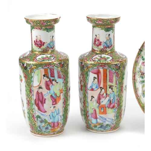 253 - Chinese hand painted porcelain comprising two 18th century tea bowls, pair of Canton Rouleau vases a... 