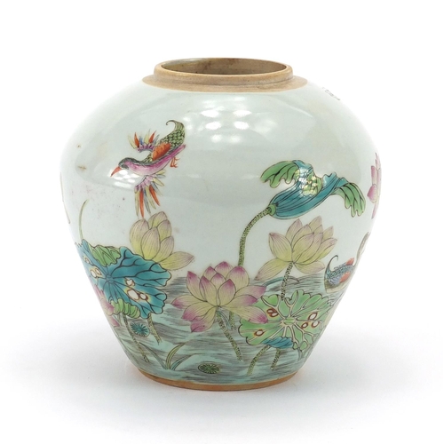 251 - Chinese porcelain jar, hand painted in famille rose palette with mythical birds and ducks amongst fl... 