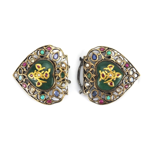 93 - Antique two piece steel buckle with jade panels, set with various semi precious stones including sap... 