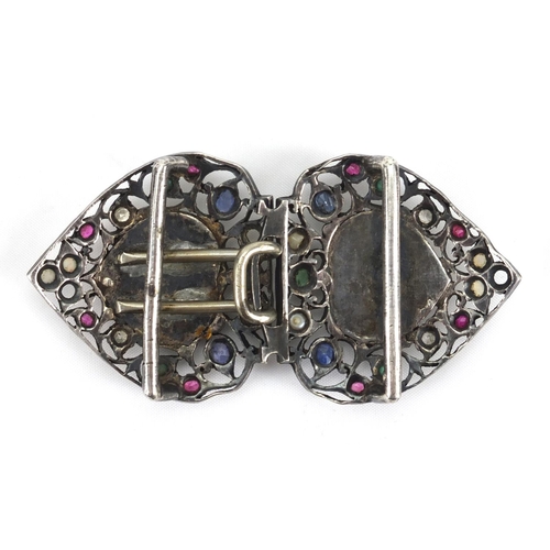 93 - Antique two piece steel buckle with jade panels, set with various semi precious stones including sap... 