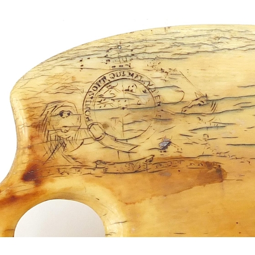 3 - Antique scrimshaw ivory palette, inscribed J Blackman and honi Soit Qui Mai Pensi motto, 16.5cm wide