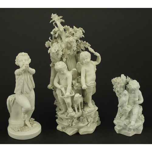 448 - 19th century Derby bisque figure group of hunting cherubs, boy with a flute, cherub with a falcon, m... 