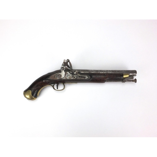 215 - Antique flint lock pistol with brass mounts, engraved Tower, GR emblem and proof marks, initialled T... 