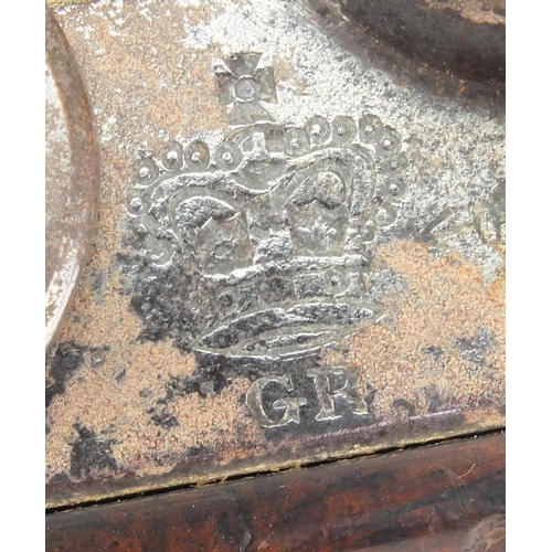 215 - Antique flint lock pistol with brass mounts, engraved Tower, GR emblem and proof marks, initialled T... 