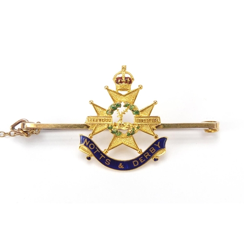 189 - Military interest 15ct gold and enamelled Sherwood Foresters brooch, 5.5cm wide, approximate weight ... 