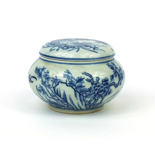288 - Chinese blue and white porcelain pot and cover, hand painted with birds of paradise amongst flowers ... 
