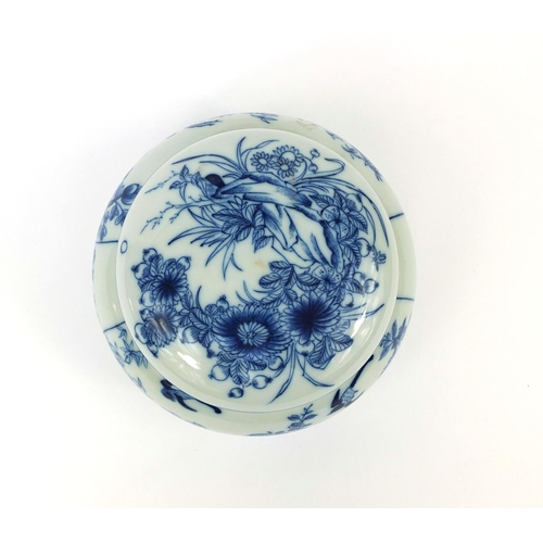 288 - Chinese blue and white porcelain pot and cover, hand painted with birds of paradise amongst flowers ... 