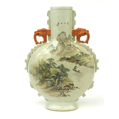 256 - Large Chinese porcelain moon flask with elephant head handles, hand painted in famille rose palette ... 