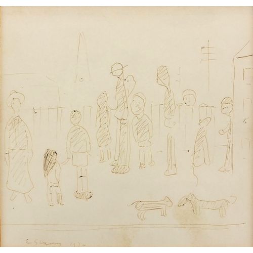727 - Lawrence Stephen Lowry - Figures and three dogs, ink sketch onto paper, inscribed and numbered verso... 