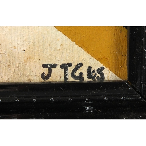 741 - WITHDRAWN - Abstract composition, geometric shapes, oil onto board, bearing a monogram J TG 45, fram... 