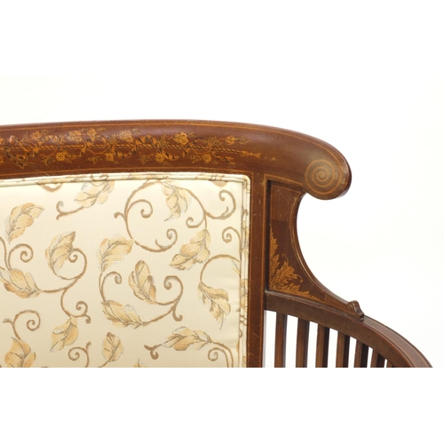 2004 - Edwardian inlaid mahogany two seater salon settee with cram floral upholstery, inlaid with swags, 95... 