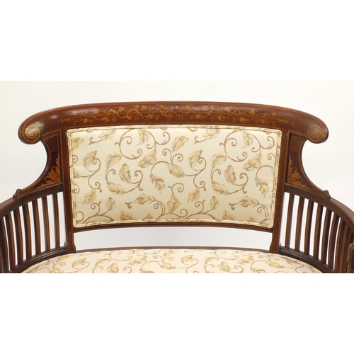 2004 - Edwardian inlaid mahogany two seater salon settee with cram floral upholstery, inlaid with swags, 95... 