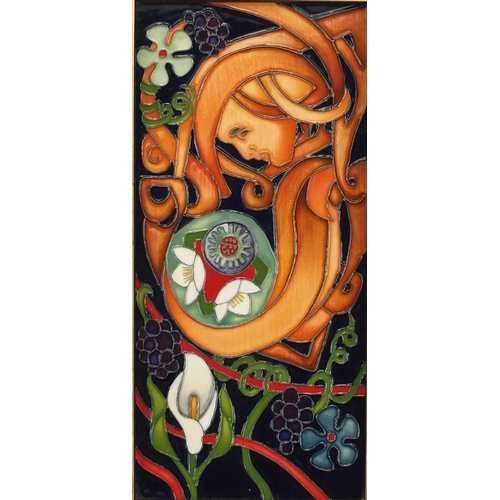 2104 - Moorcroft pottery wall plaque with surreal face, dated 2012 by Rachael Bishop 5/50, framed, 20cm x 9... 