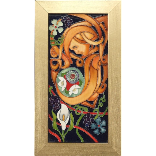 2104 - Moorcroft pottery wall plaque with surreal face, dated 2012 by Rachael Bishop 5/50, framed, 20cm x 9... 