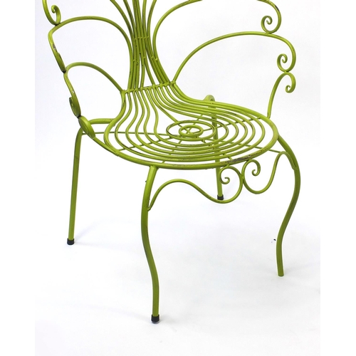 2061 - Green painted metal table and chairs, the chairs 90cm high