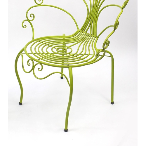 2061 - Green painted metal table and chairs, the chairs 90cm high