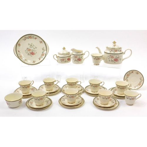 2079 - Minton Jasmine teaware including teapot, lidded sugar bowl, jug, trio's and sandwich plate, the teap... 