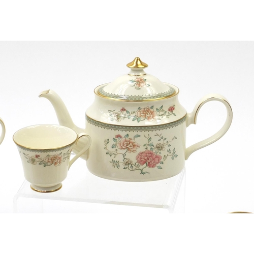 2079 - Minton Jasmine teaware including teapot, lidded sugar bowl, jug, trio's and sandwich plate, the teap... 