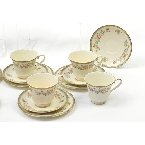 2079 - Minton Jasmine teaware including teapot, lidded sugar bowl, jug, trio's and sandwich plate, the teap... 