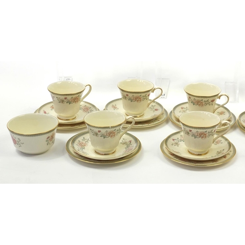 2079 - Minton Jasmine teaware including teapot, lidded sugar bowl, jug, trio's and sandwich plate, the teap... 