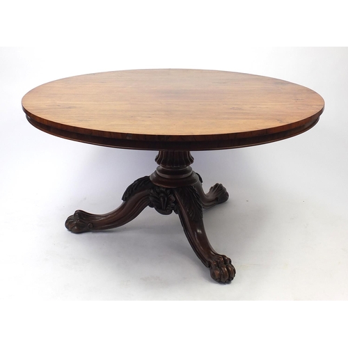 2015 - Good Regency rosewood circular centre table with lion paw feet, 71cm H x 136cm  diameter