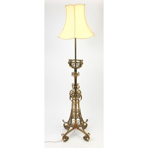 2040 - Edwardian ornate brass adjustable brass standard lamp, with shade, 180cm high